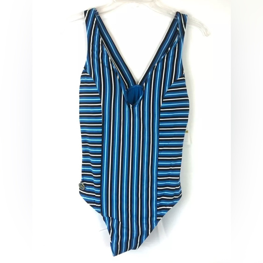 Michael Kors Women’s Blue Marine Stripe V Neck One Piece Swimsuit Size 14